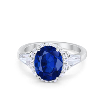 Oval Wedding Engagement Ring Baguette Round Simulated Blue Sapphire CZ 925 Sterling Silver